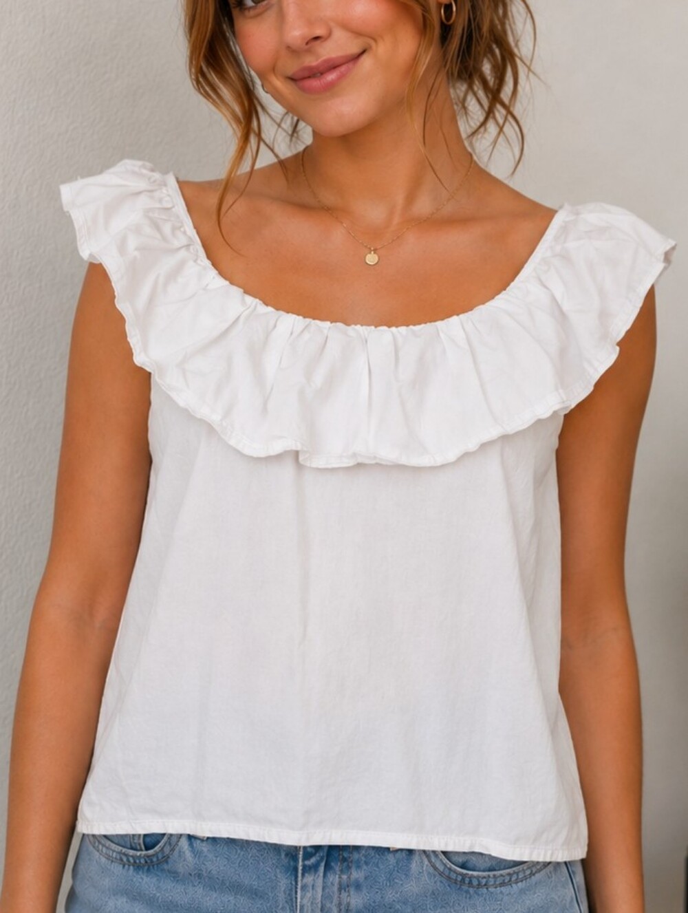 Mango White Ruffle Off-Shoulder Tank Top